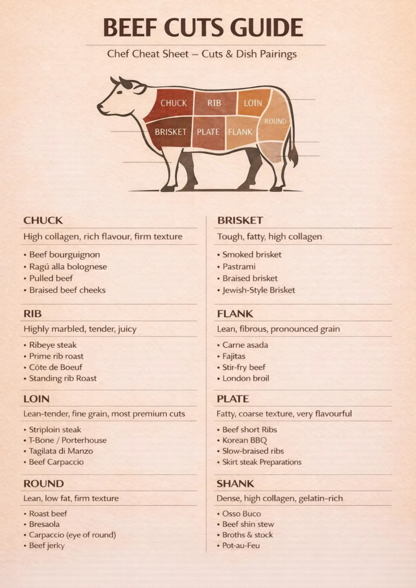 Beef cuts guide chart showing chuck, rib, loin, round, brisket, plate, flank, and shank with dish pairings